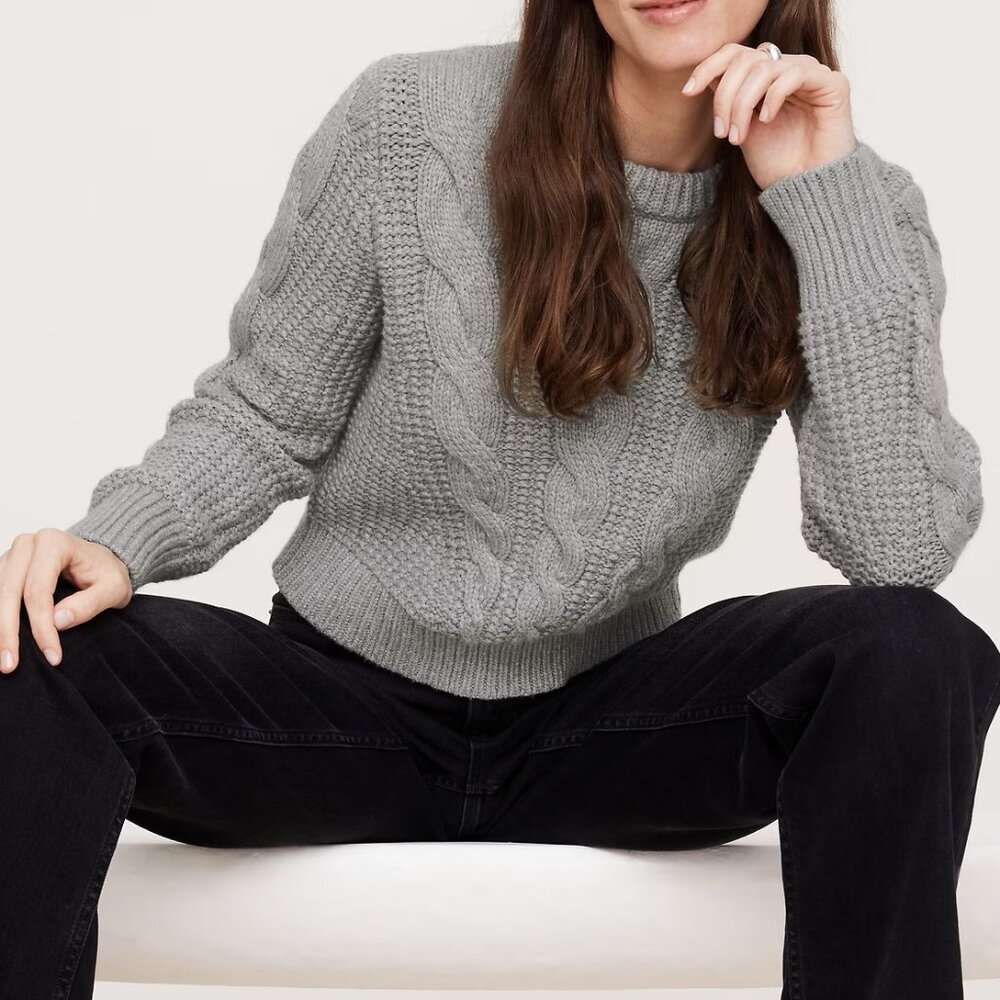 NWT! Banana Republic RT$140 Chunky Grey Organic Cotton Cable-Knit Crop Sweater S